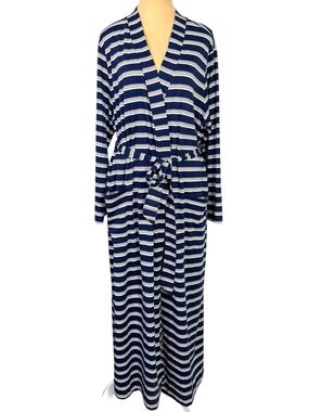 Lands’ End Navy White Striped Long Robe 2X Cozy Knit Wrap Lounge Robe Plus Size